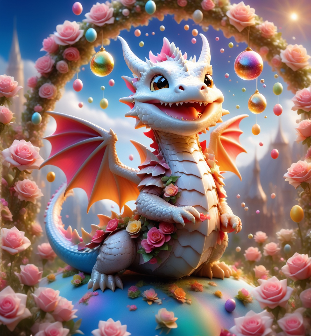 chibi cute dragon smiling charmingly,  nestled among roses,  gifts and golden seeds on Tensor.Art