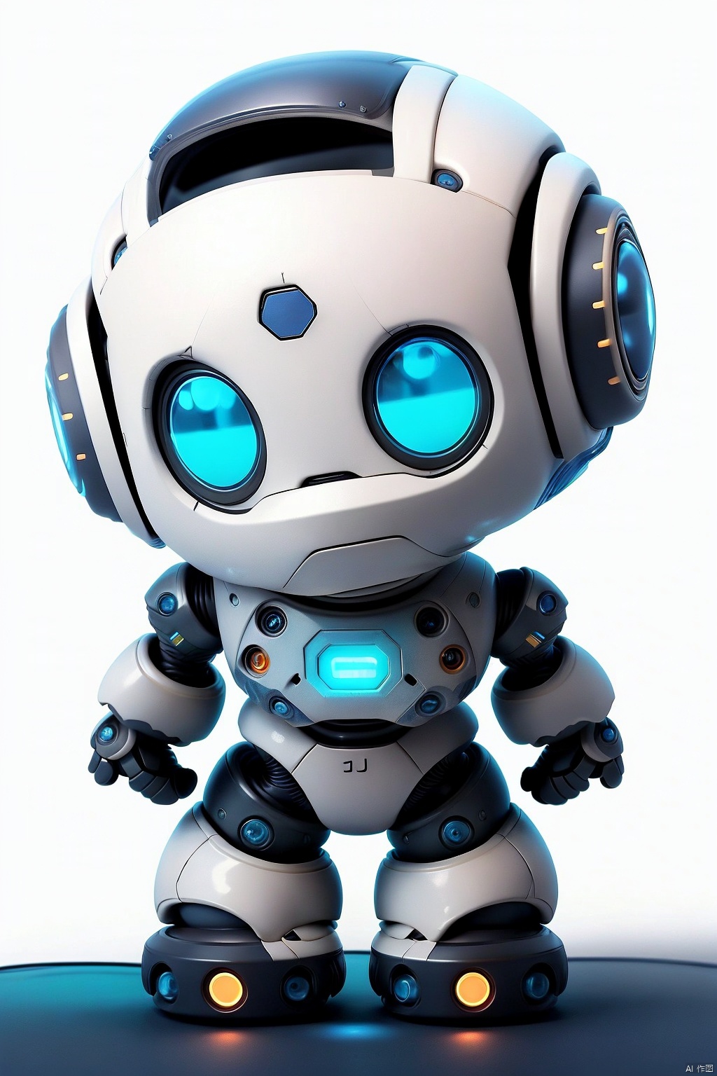  no humans, robot, solo, standing, straight-on, blue eyes, mecha, glowing, white background, full body, science fiction, simple background, glowing eyes, chibi, humanoid robot
