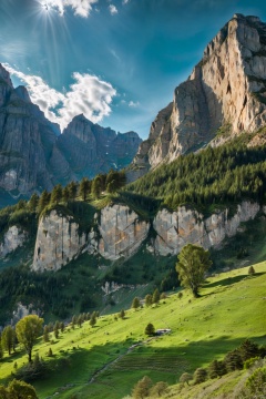  blue sky,building,bush,city,cliff,cloud,cloudy sky,condensation trail,day,field,grass,horizon,landscape,lens flare,mountain,nature,no humans,outdoors,overgrown,path,plant,rock,ruins,scenery,sky,sun,sunlight,tree,water