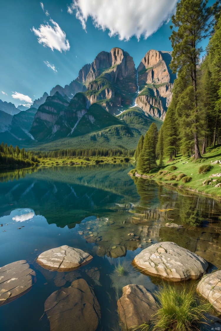 outdoors, sky, day, cloud, water, tree, blue sky, no humans, nature, scenery, forest, reflection, rock, mountain, waterfall, landscape