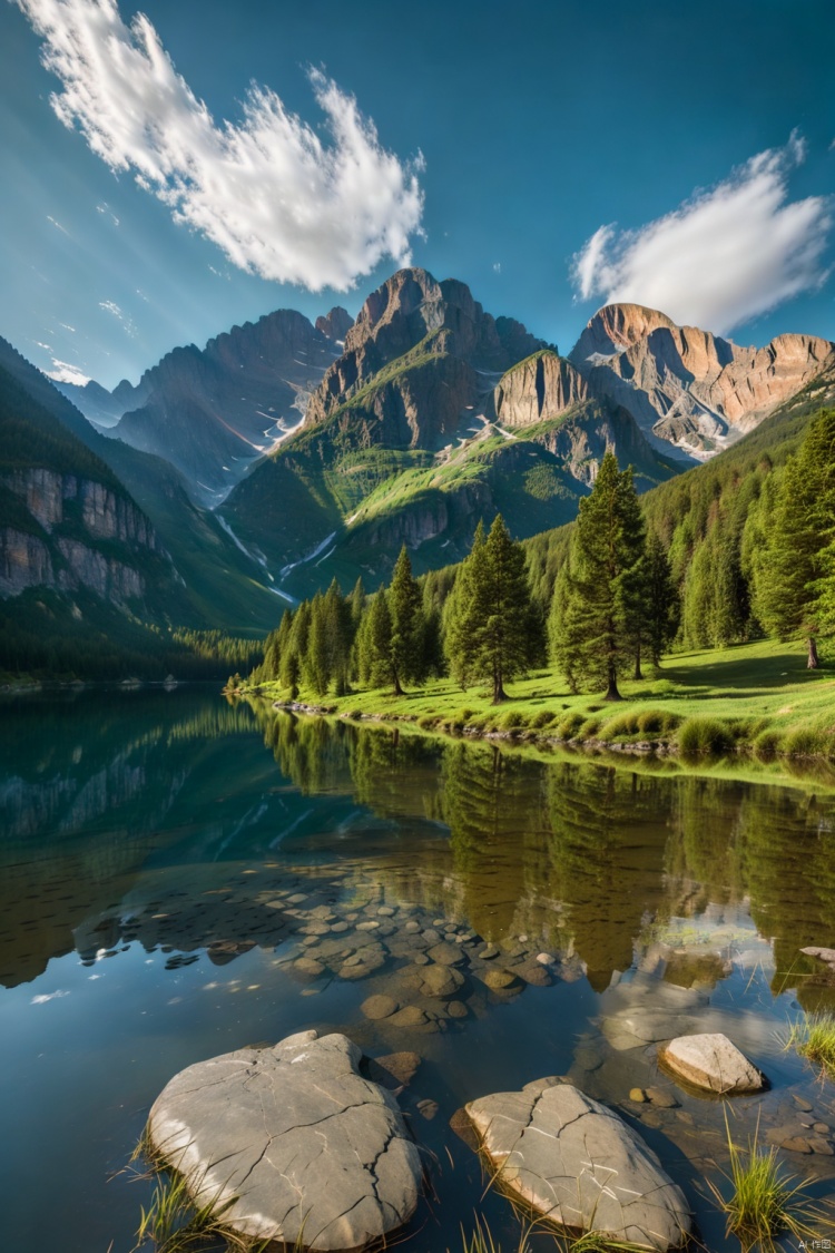  outdoors, sky, day, cloud, water, tree, blue sky, no humans, nature, scenery, forest, reflection, rock, mountain, waterfall, landscape