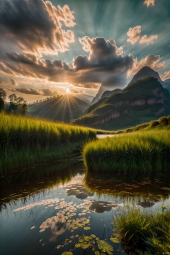 outdoors, sky, cloud, tree, no humans, sunlight, cloudy sky, grass, plant, nature, scenery, reflection, sunset, sun, road