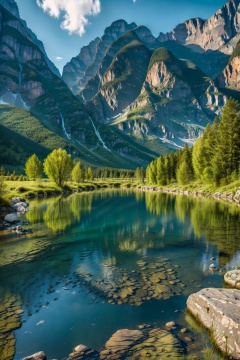 outdoors, sky, day, cloud, water, tree, blue sky, no humans, nature, scenery, forest, reflection, rock, mountain, waterfall, landscape