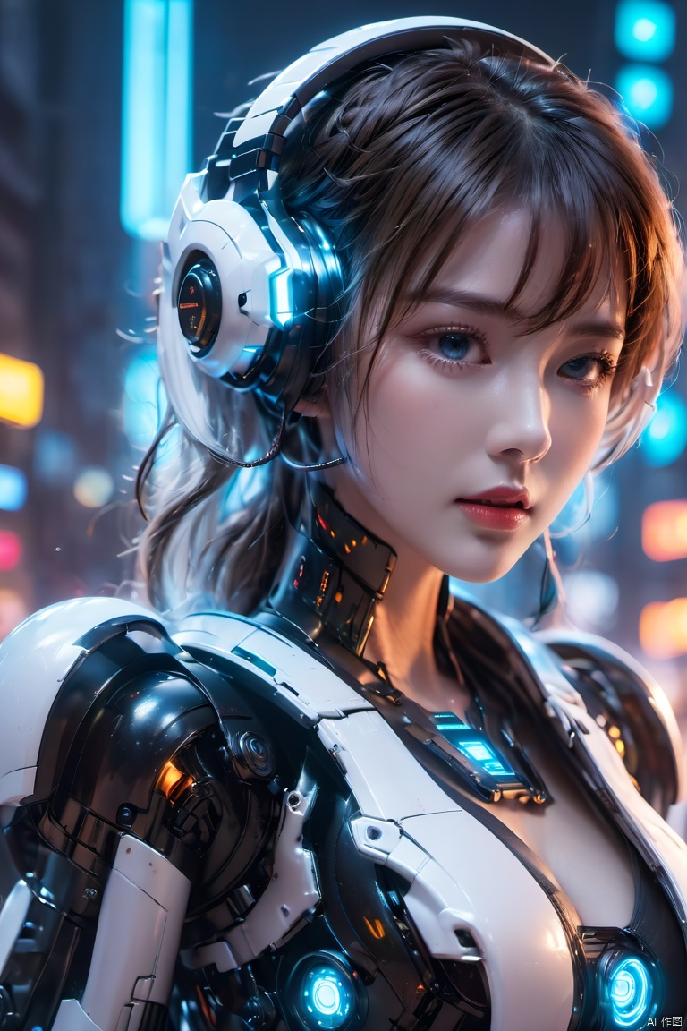  (masterpiece, best quality:1.2),1girl, blue eyes, blurry background, breasts, cleavage, cyberpunk, glowing, headgear, headphones, headset, lips,White/black all metal mecha, medium breasts, solo, upper body,Mecha,Hard surface,Streamlined mecha,Realistic materials,Luminous earphones,Mechanical earphones,Mechanical necklace,Glowing mecha,Multi light source mecha, 1girl