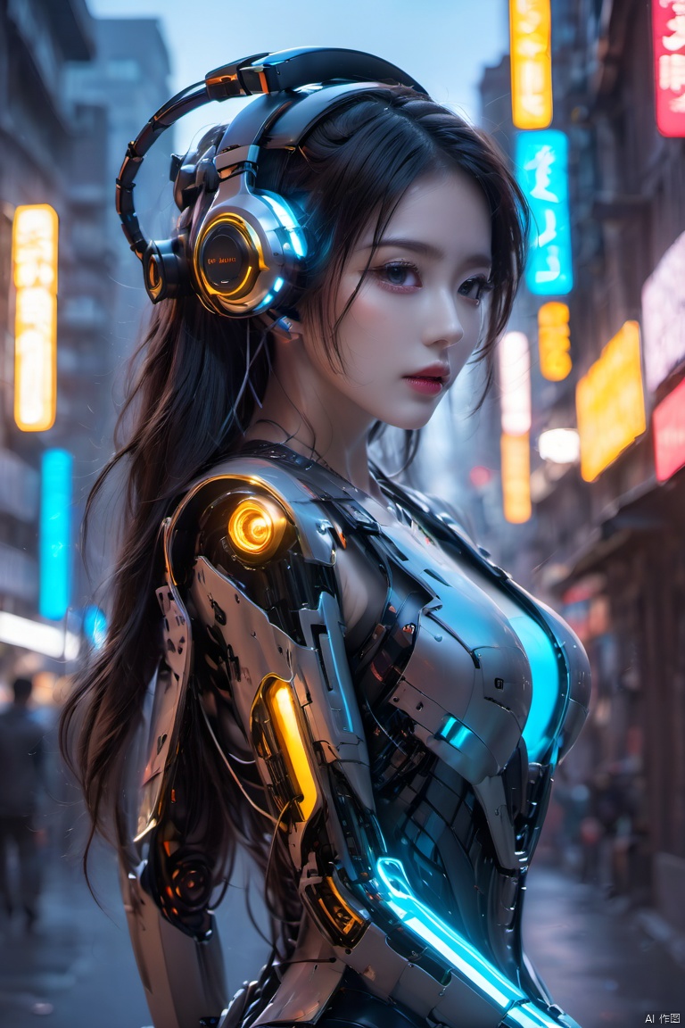  (masterpiece, best quality:1.2),1girl, black hair, blue eyes, bodysuit, breasts, building, city, cyberpunk, cyborg, glowing, headgear, headphones, headset, humanoid robot, joints, lips, long hair, mecha, mechanical arms, medium breasts, robot joints, science fiction, solo, standing,Mecha,Hard surface,Streamlined mecha,Realistic materials,Luminous earphones,Mechanical earphones,Mechanical necklace,Glowing mecha,Multi light source mecha