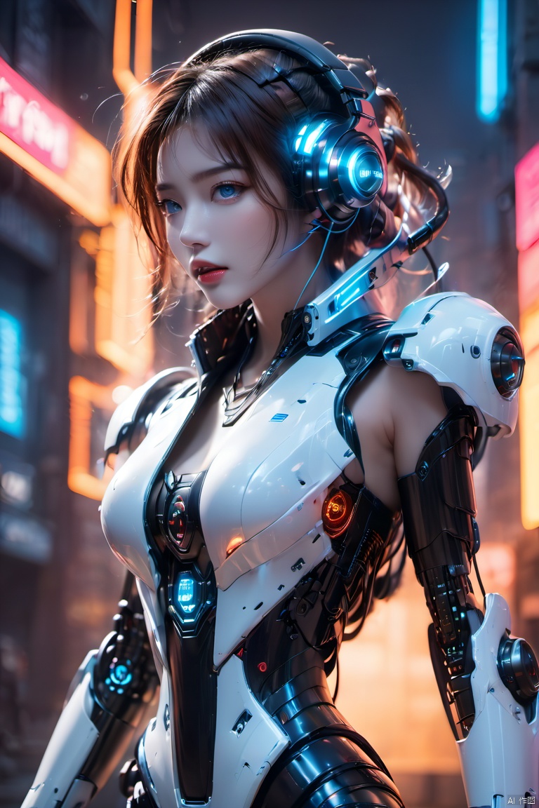  (masterpiece, best quality:1.2),1girl, blue eyes, blurry background, breasts, cleavage, cyberpunk, glowing, headgear, headphones, headset, lips,White/black all metal mecha, medium breasts, solo, upper body,Mecha,Hard surface,Streamlined mecha,Realistic materials,Luminous earphones,Mechanical earphones,Mechanical necklace,Glowing mecha,Multi light source mecha