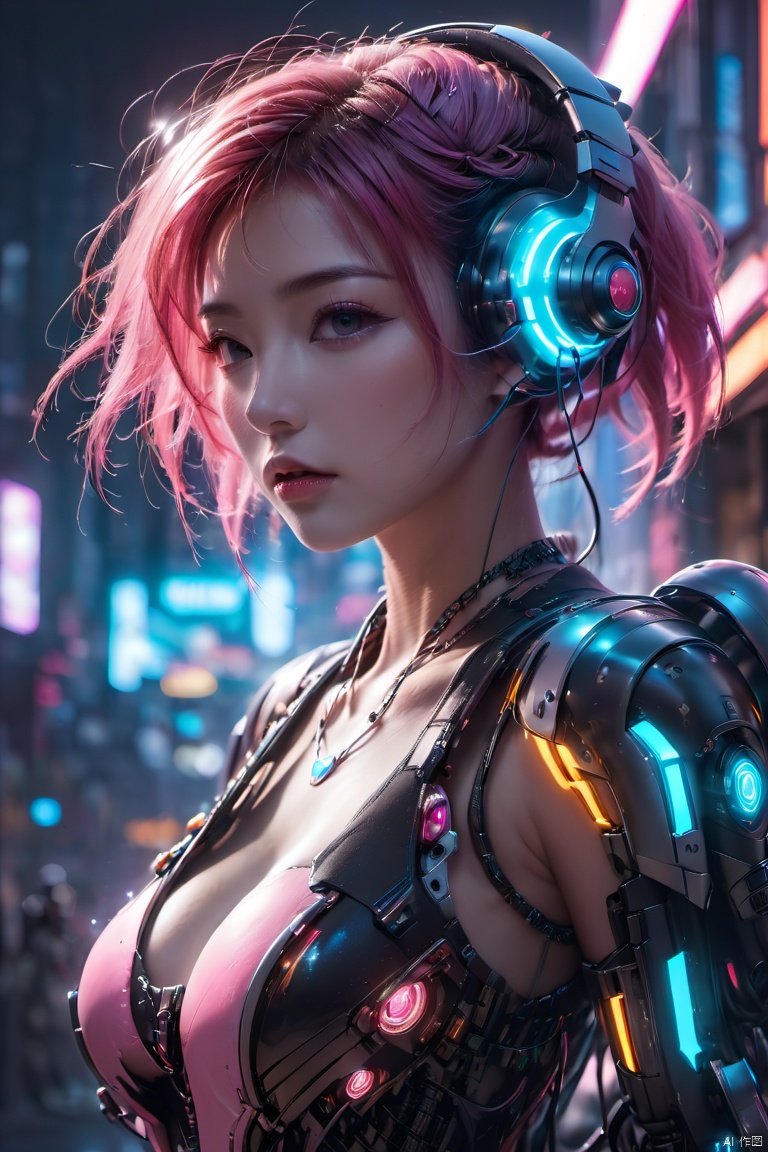  (masterpiece, best quality:1.2),1girl, breasts, cyberpunk, cyborg, glowing, headphones, headset, joints, lips, looking at viewer, multicolored hair, neon lights, pink hair, realistic, robot joints, science fiction, short hair, solo, weapon,Mecha,Hard surface,Streamlined mecha,Realistic materials,Luminous earphones,Mechanical earphones,Mechanical necklace,Glowing mecha,Multi light source mecha