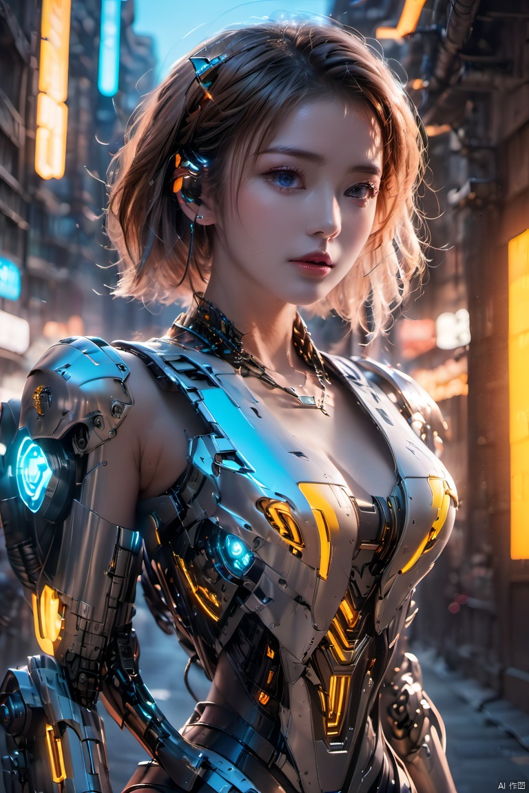  (masterpiece, best quality:1.2),1girl, blue eyes, breasts, cleavage, collarbone, earrings, glowing, jewelry, lips, looking at viewer, parted lips, realistic,Chest Glow,Silver all metal mecha, science fiction, short hair, solo, upper body,Mecha,Hard surface,Streamlined mecha,Realistic materials,Mechanical necklace,Glowing mecha,Multi light source mecha