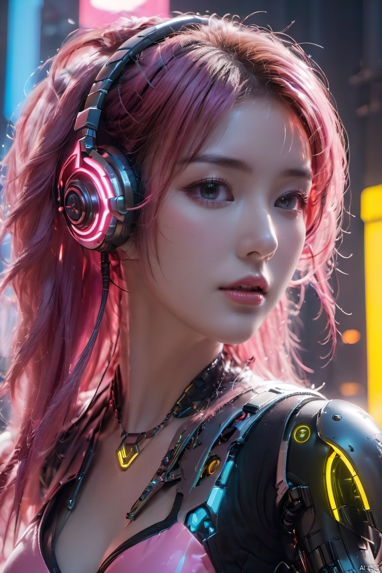  (masterpiece, best quality:1.2),1girl, breasts, cyberpunk, cyborg, glowing, headphones, headset, joints, lips, looking at viewer, multicolored hair, neon lights, pink hair, realistic, robot joints, science fiction, short hair, solo, weapon,Mecha,Hard surface,Streamlined mecha,Realistic materials,Luminous earphones,Mechanical earphones,Mechanical necklace,Glowing mecha,Multi light source mecha