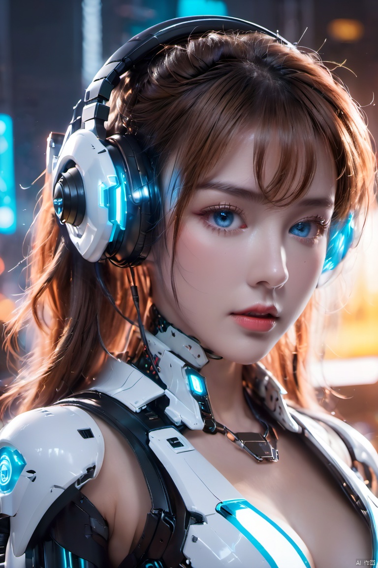  (masterpiece, best quality:1.2),1girl, blue eyes, blurry background, breasts, cleavage, cyberpunk, glowing, headgear, headphones, headset, lips,White/black all metal mecha, medium breasts, solo, upper body,Mecha,Hard surface,Streamlined mecha,Realistic materials,Luminous earphones,Mechanical earphones,Mechanical necklace,Glowing mecha,Multi light source mecha