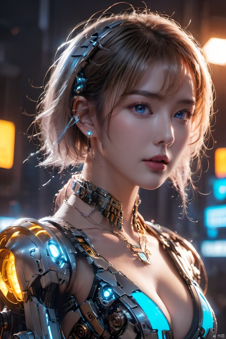  (masterpiece, best quality:1.2),1girl, blue eyes, breasts, cleavage, collarbone, earrings, glowing, jewelry, lips, looking at viewer, parted lips, realistic,Chest Glow,Silver all metal mecha, science fiction, short hair, solo, upper body,Mecha,Hard surface,Streamlined mecha,Realistic materials,Mechanical necklace,Glowing mecha,Multi light source mecha