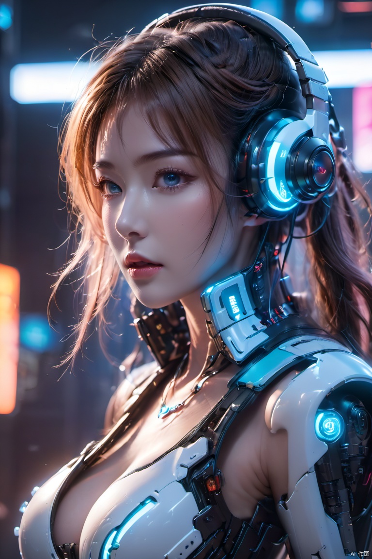  (masterpiece, best quality:1.2),1girl, blue eyes, blurry background, breasts, cleavage, cyberpunk, glowing, headgear, headphones, headset, lips,White/black all metal mecha, medium breasts, solo, upper body,Mecha,Hard surface,Streamlined mecha,Realistic materials,Luminous earphones,Mechanical earphones,Mechanical necklace,Glowing mecha,Multi light source mecha, 1girl