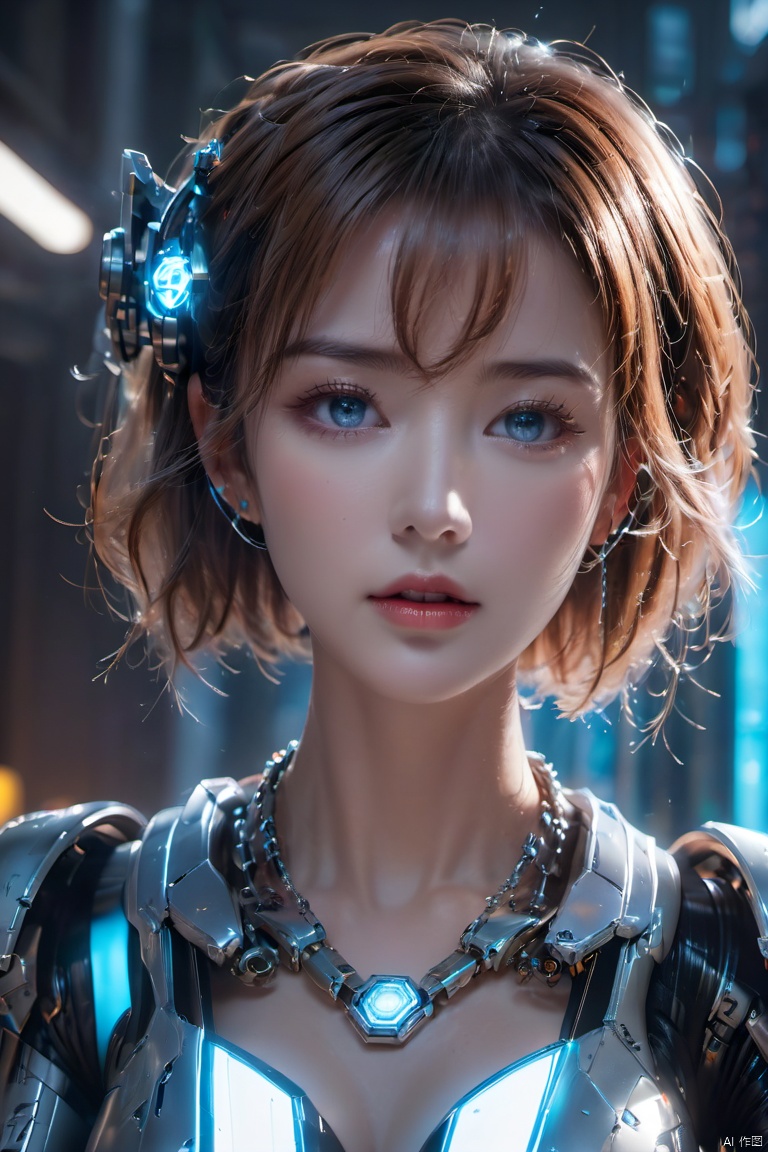  (masterpiece, best quality:1.2),1girl, blue eyes, breasts, cleavage, collarbone, earrings, glowing, jewelry, lips, looking at viewer, parted lips, realistic,Chest Glow,Silver all metal mecha, science fiction, short hair, solo, upper body,Mecha,Hard surface,Streamlined mecha,Realistic materials,Mechanical necklace,Glowing mecha,Multi light source mecha