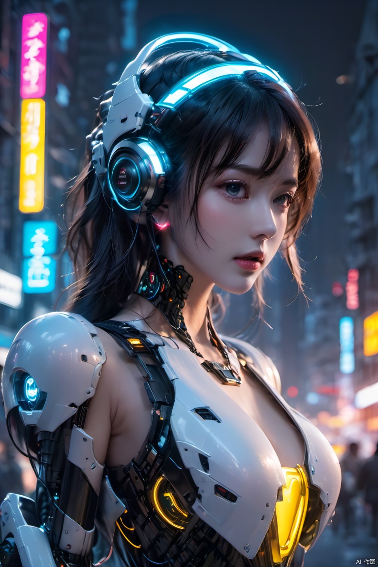  (masterpiece, best quality:1.2),1girl, black hair, blue eyes, bodysuit, breasts, building, city, cyberpunk, cyborg, glowing, headgear, headphones, headset, humanoid robot, joints, lips, long hair, mecha, mechanical arms, medium breasts, robot joints, science fiction, solo, standing,Mecha,Hard surface,Streamlined mecha,Realistic materials,Luminous earphones,Mechanical earphones,Mechanical necklace,Glowing mecha,Multi light source mecha