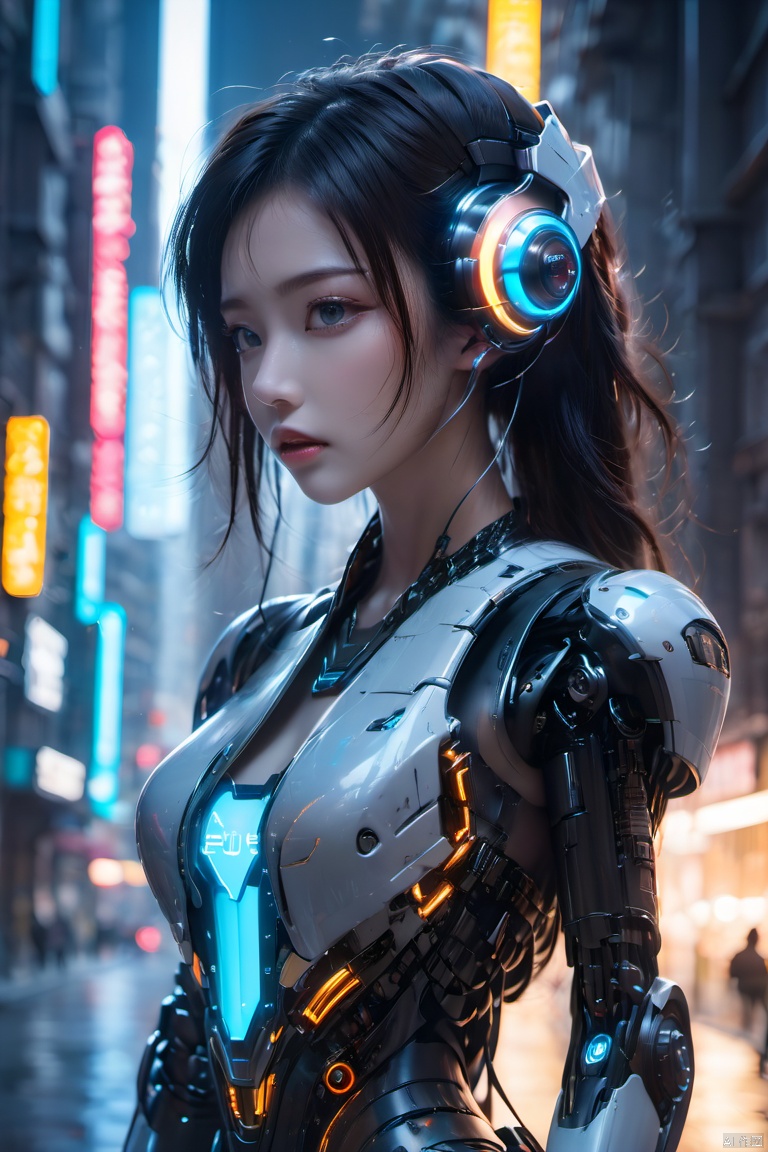  (masterpiece, best quality:1.2),1girl, black hair, blue eyes, bodysuit, breasts, building, city, cyberpunk, cyborg, glowing, headgear, headphones, headset, humanoid robot, joints, lips, long hair, mecha, mechanical arms, medium breasts, robot joints, science fiction, solo, standing,Mecha,Hard surface,Streamlined mecha,Realistic materials,Luminous earphones,Mechanical earphones,Mechanical necklace,Glowing mecha,Multi light source mecha