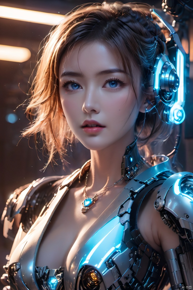  (masterpiece, best quality:1.2),1girl, blue eyes, breasts, cleavage, collarbone, earrings, glowing, jewelry, lips, looking at viewer, parted lips, realistic,Chest Glow,Silver all metal mecha, science fiction, short hair, solo, upper body,Mecha,Hard surface,Streamlined mecha,Realistic materials,Mechanical necklace,Glowing mecha,Multi light source mecha