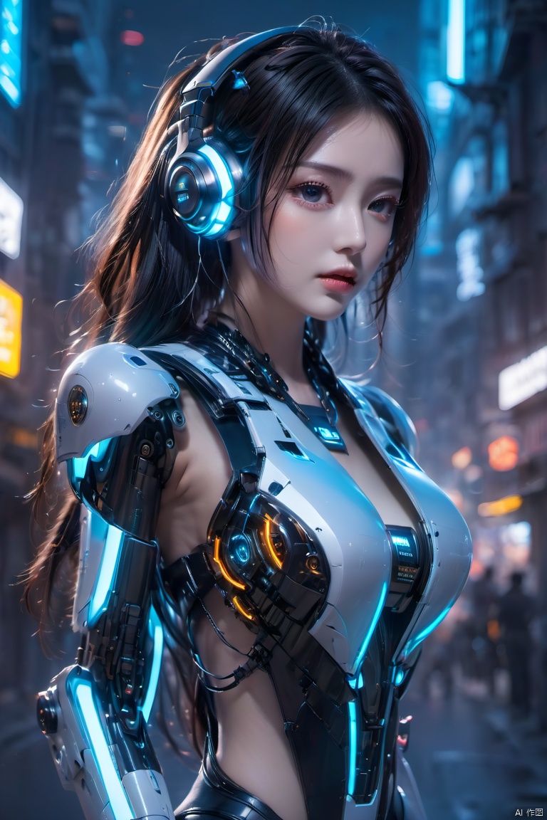  (masterpiece, best quality:1.2),1girl, black hair, blue eyes, bodysuit, breasts, building, city, cyberpunk, cyborg, glowing, headgear, headphones, headset, humanoid robot, joints, lips, long hair, mecha, mechanical arms, medium breasts, robot joints, science fiction, solo, standing,Mecha,Hard surface,Streamlined mecha,Realistic materials,Luminous earphones,Mechanical earphones,Mechanical necklace,Glowing mecha,Multi light source mecha