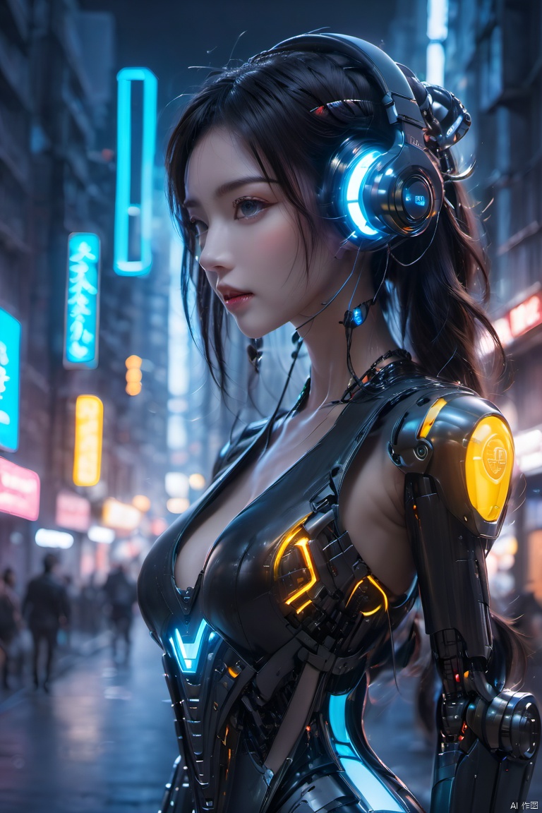  (masterpiece, best quality:1.2),1girl, black hair, blue eyes, bodysuit, breasts, building, city, cyberpunk, cyborg, glowing, headgear, headphones, headset, humanoid robot, joints, lips, long hair, mecha, mechanical arms, medium breasts, robot joints, science fiction, solo, standing,Mecha,Hard surface,Streamlined mecha,Realistic materials,Luminous earphones,Mechanical earphones,Mechanical necklace,Glowing mecha,Multi light source mecha