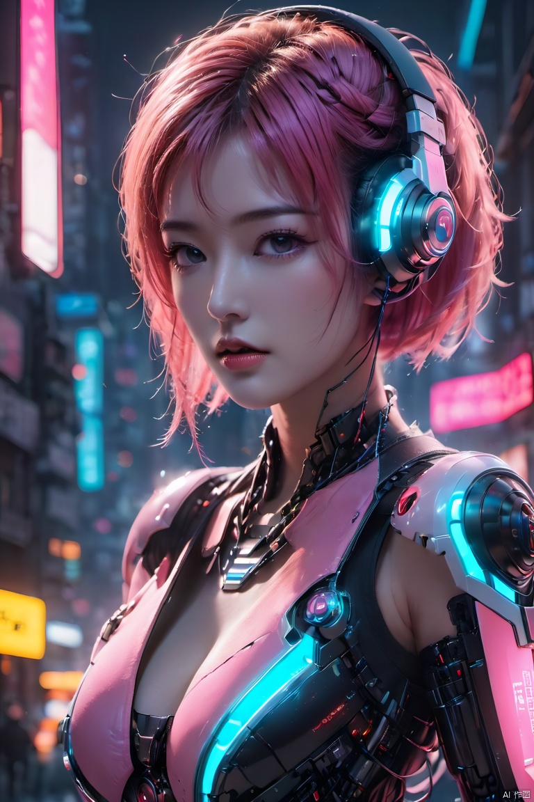  (masterpiece, best quality:1.2),1girl, breasts, cyberpunk, cyborg, glowing, headphones, headset, joints, lips, looking at viewer, multicolored hair, neon lights, pink hair, realistic, robot joints, science fiction, short hair, solo, weapon,Mecha,Hard surface,Streamlined mecha,Realistic materials,Luminous earphones,Mechanical earphones,Mechanical necklace,Glowing mecha,Multi light source mecha