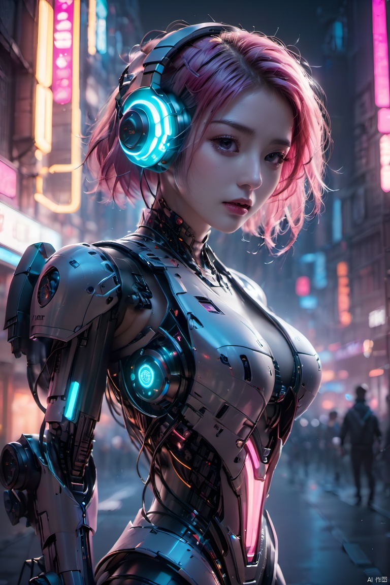  (masterpiece, best quality:1.2),1girl, breasts, cyberpunk, cyborg, glowing, headphones, headset, joints, lips, looking at viewer, multicolored hair, neon lights, pink hair, realistic, robot joints, science fiction, short hair, solo, weapon,Mecha,Hard surface,Streamlined mecha,Realistic materials,Luminous earphones,Mechanical earphones,Mechanical necklace,Glowing mecha,Multi light source mecha