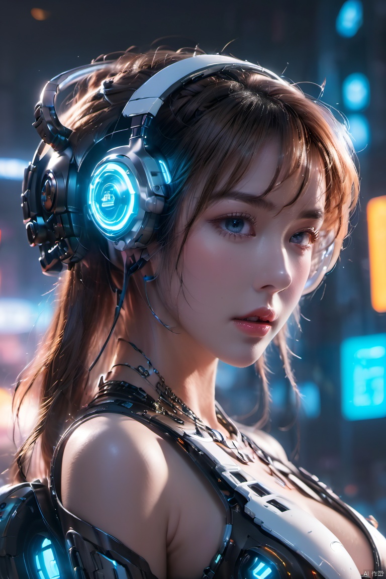  (masterpiece, best quality:1.2),1girl, blue eyes, blurry background, breasts, cleavage, cyberpunk, glowing, headgear, headphones, headset, lips,White/black all metal mecha, medium breasts, solo, upper body,Mecha,Hard surface,Streamlined mecha,Realistic materials,Luminous earphones,Mechanical earphones,Mechanical necklace,Glowing mecha,Multi light source mecha, 1girl