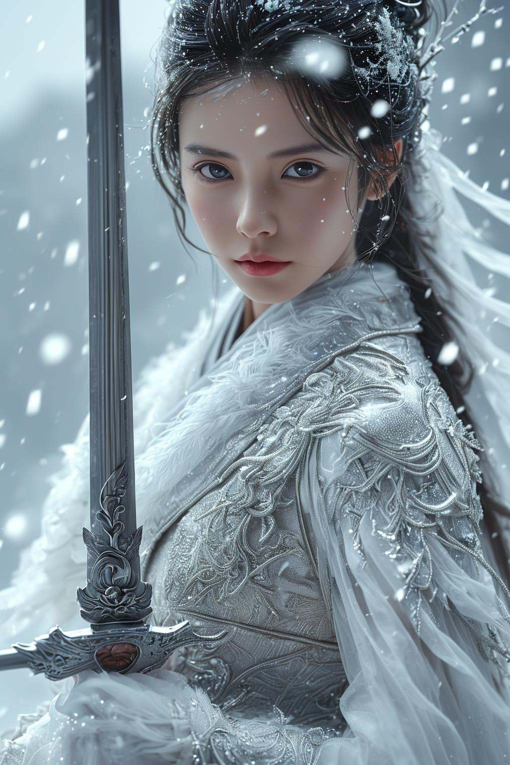 swordswoman,1girl,snowing,winter,sword,