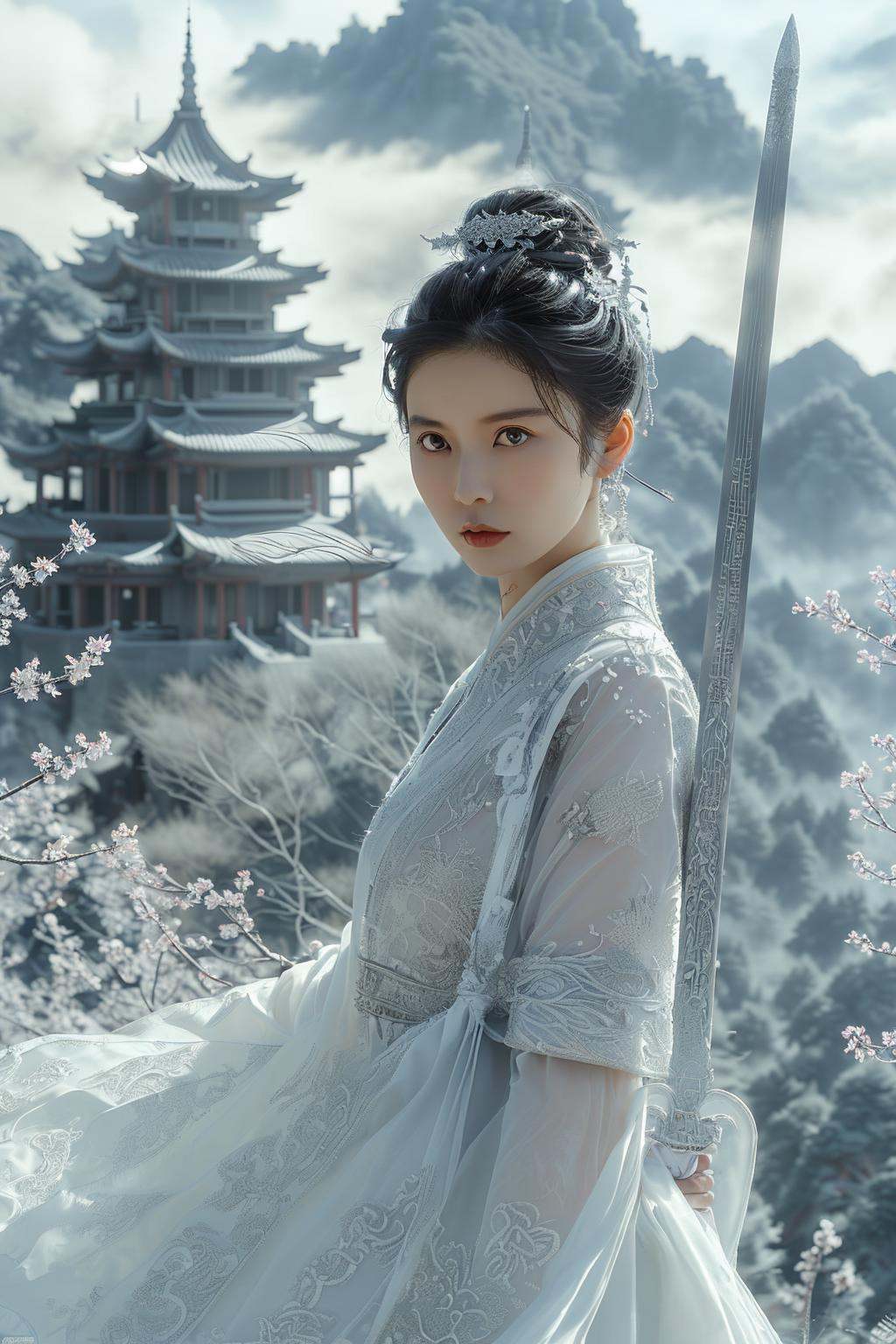 swordswoman, 1girl, architecture ,artist name ,bare tree ,black hair, branch, bridge ,brown eyes, building castle ,cherry blossoms ,chinese clothes ,closed mouth ,cloud ,cloudy sky, day, dress, earrings ,east asian architecture ,flower ,jewelry, lips ,looking at viewer, moon ,mountain ,mountainous horizon ,outdoors, pagoda ,realistic, sky ,snow ,solo ,tower ,tree ,watermark, web address ,winter ,sword ,Hanfu