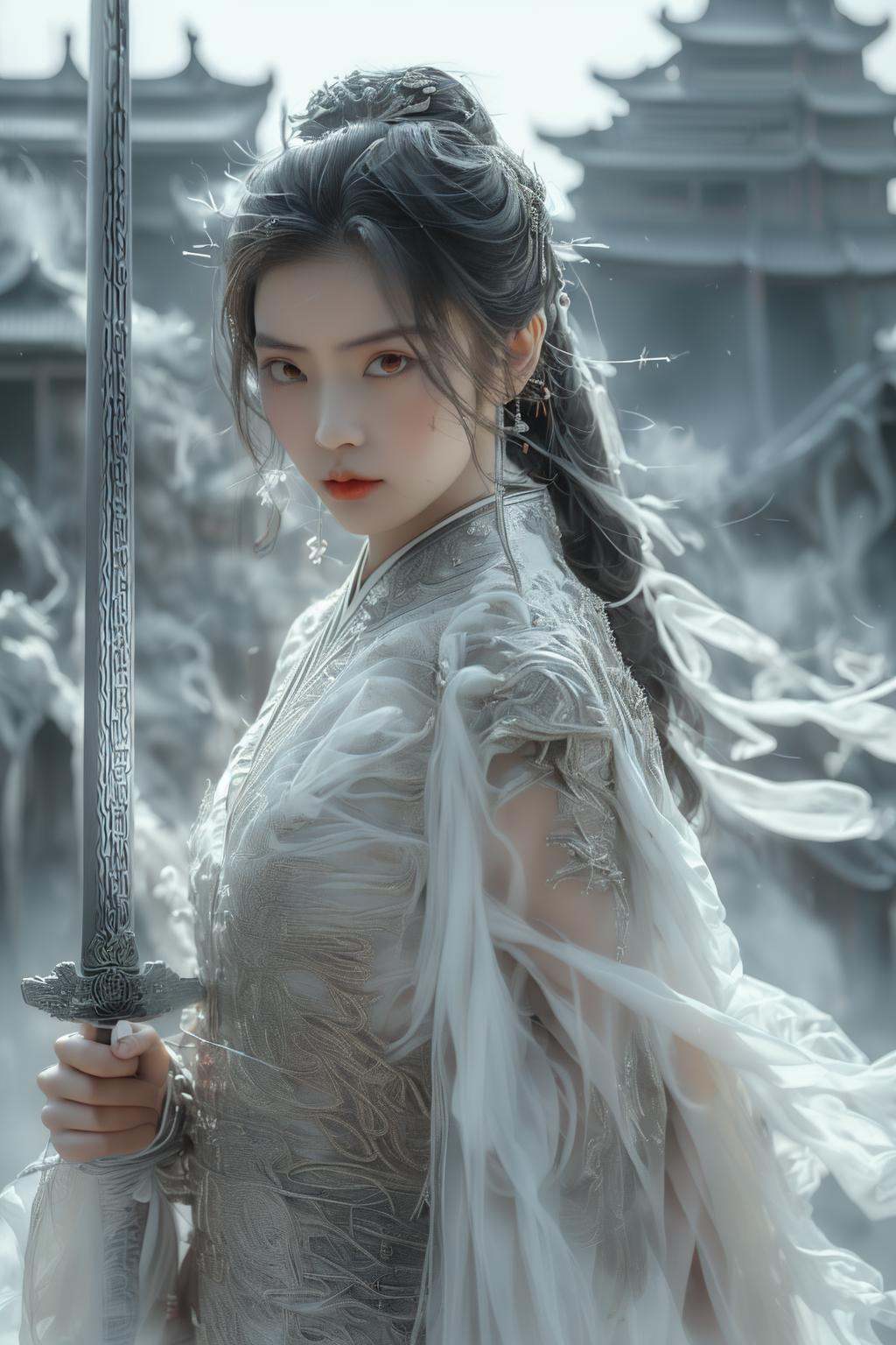 swordswoman, 1girl,Ancient Chinese girl,sword, handing sword,red dress 