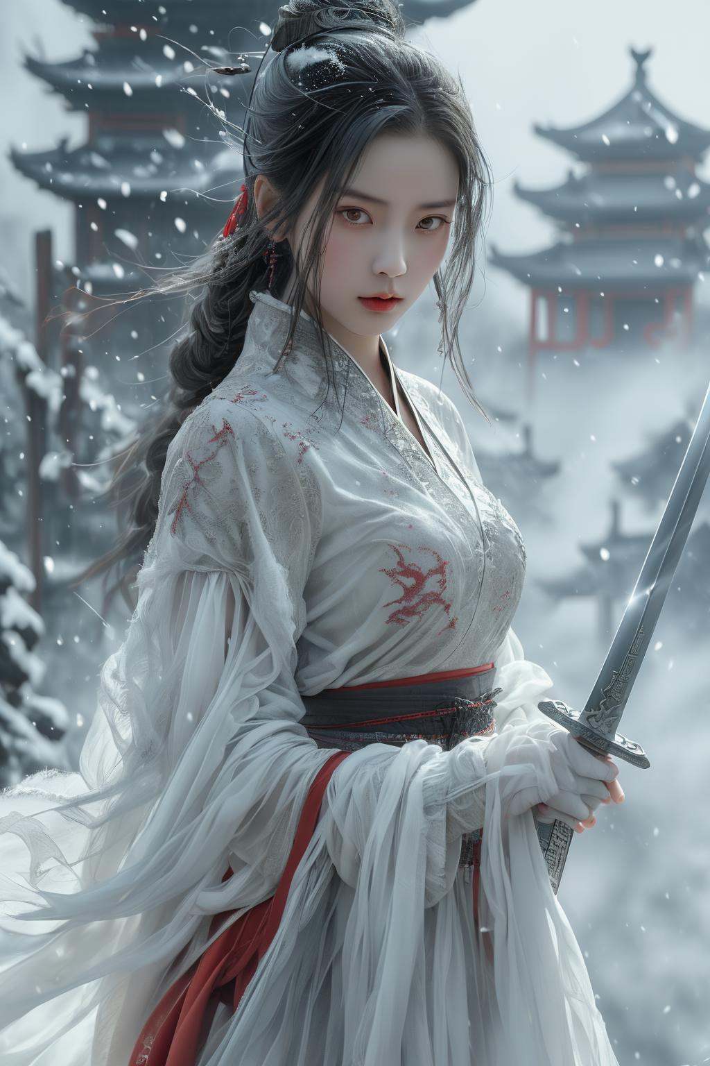 swordswoman, 1girl,Ancient Chinese girl,red dress,sword, handing sword,snow,snowing