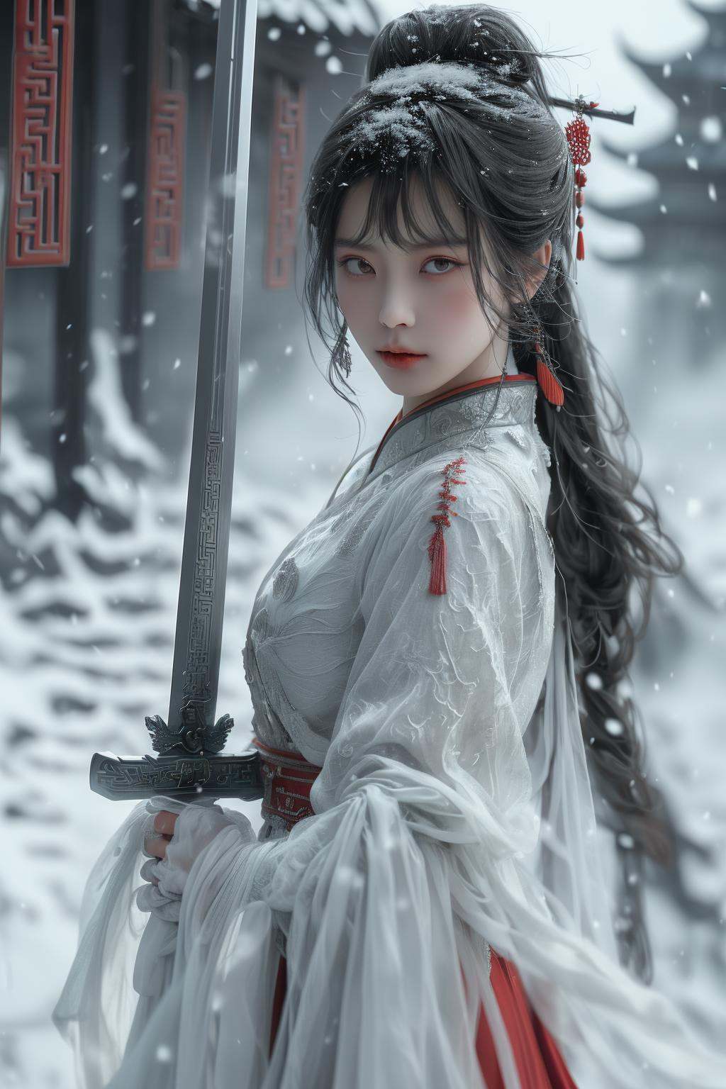 swordswoman, 1girl,Ancient Chinese girl,red dress,sword, handing sword,snow,snowing,blurred backgrounds