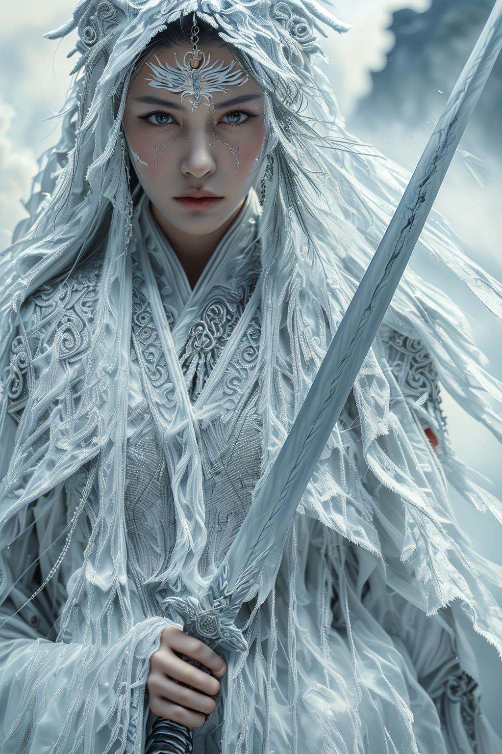 swordswoman ,1girl ,closed mouth ,cloud ,grey eyes ,headdress ,holding sword ,jewelry ,lace, long hair ,looking at viewer ,magic circle, outdoors, sky ,solo ,sword ,veil, water ,weapon ,sword ,Hanfu