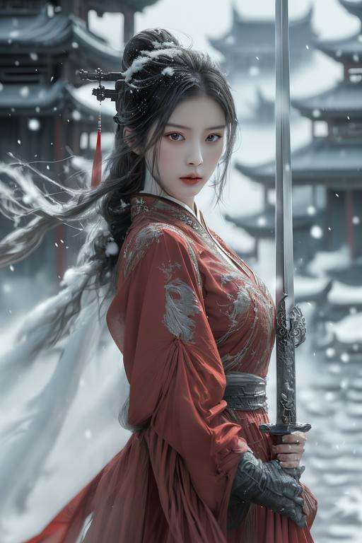 swordswoman, 1girl,Ancient Chinese girl,red dress,sword, handing sword,snow,snowing,blurred backgrounds