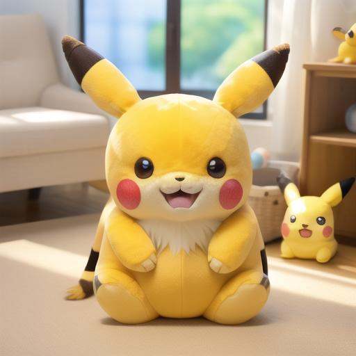 <lora:stuffed_toy1.5v1.2:1>stuffed toy, pikachu, pokemon \(creature\), no humans, solo, standing, :3, full body, brown eyes, closed mouth, blurry, smile, indoors
