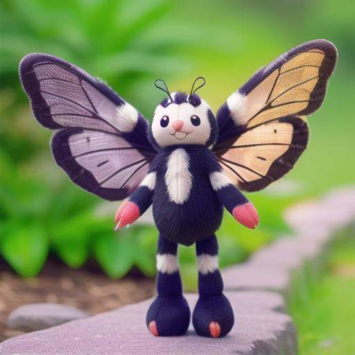 <lora:stuffed_toy1.5v1.2:1>stuffed toy, no humans, pokemon \(creature\), solo, blurry, looking at viewer, blurry background, outdoors, wings, full body, smile, insect wings, black eyes, antennae, standing, bug, animal focus, depth of field