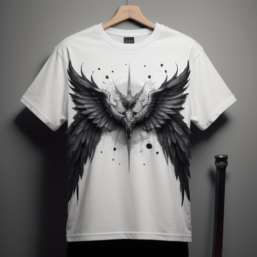 <lora:t-shirt1.5v1:1>,t-shirt,no humans,simple background,monochrome, greyscale, weapon, sword, wings, 