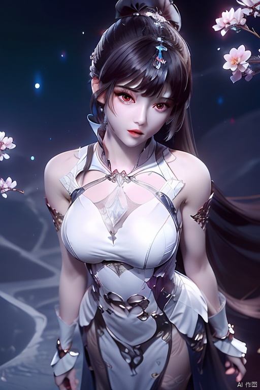 1girl, solo, long hair, brown hair, hair ornament, dress, bare shoulders, upper body, ponytail, shiny, white dress, expressionless, light