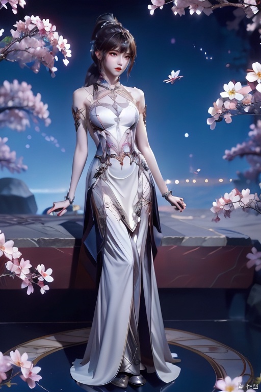  masterpiece,high quality,1girl, solo, full body，long hair, brown hair, hair ornament, dress, bare shoulders, upper body, ponytail, shiny, white dress, expressionless, light, cosmos,