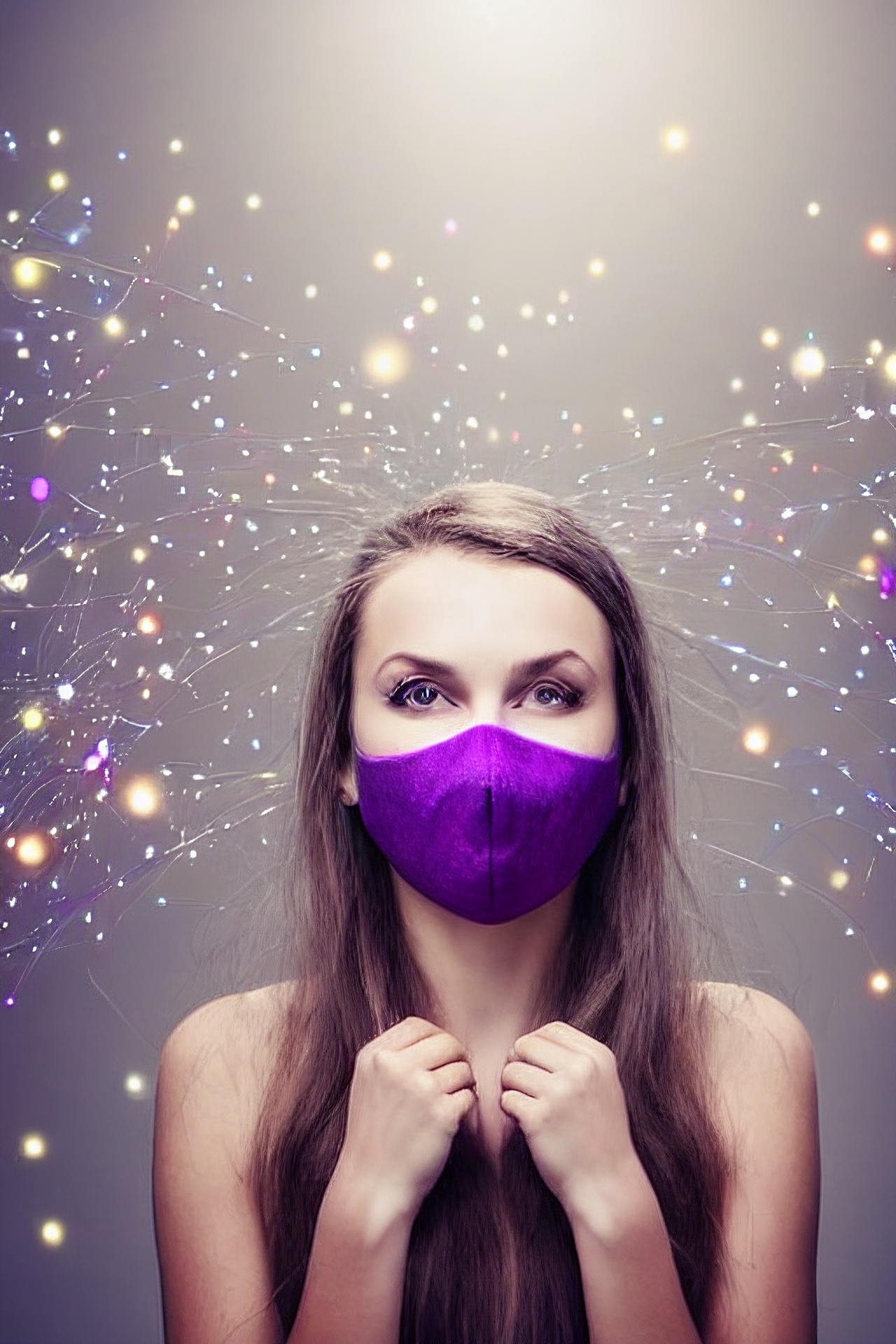 1girl, white hair, multicolored hair, purple eyes, mask on head, sidelighting, light particles, wallpaper,.