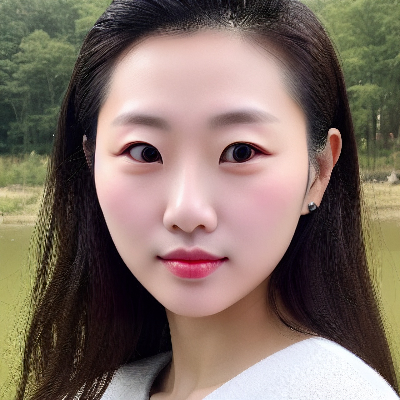 gufeng,1girl\(Eyes\(Deep amber,crystal clear,long and delicate eyelashes\),Nose\(Elevated,a slightly upturned nose tip\),Lips\(Rosy color,defined lip line\),Hairstyle\(Black hair,smooth and shiny,slightly wavy at the ends\),Skin\(Fair,blemish-free,as delicate as porcelain\),Posture\(walking confidently and gracefully,light and graceful gait\),(look at viewer,floating hair,outdoor,upper body):1.53\),Background\((full moon,grassland,sky,forest,lake):1.5\),masterpiece,best quality,unreal engine 5 rendering,movie light,movie lens,movie special effects,detailed details,HDR,UHD,8K,CG wallpaper