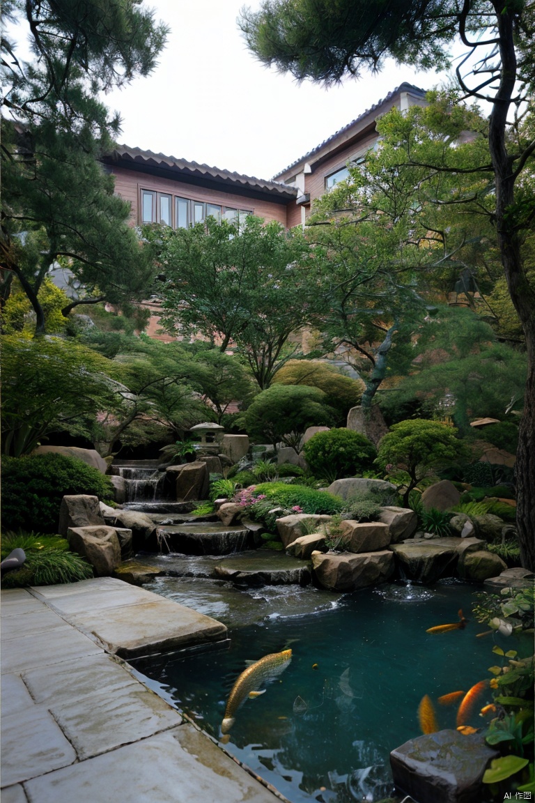  beautiful courtyard, fish pond, pine, maple, stone, moss,((Best quality)),((Best quality)),((realistic)),((exterior view)),photo realistic,(masterpiece),orante,super detailed,intricate,photo like image quality, yard, outdoor