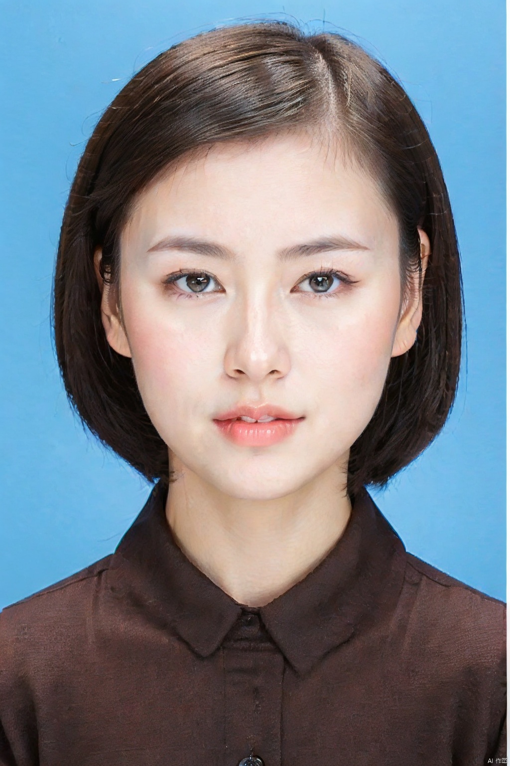 1girl, solo, looking at viewer, short hair, simple background, brown hair, shirt, brown eyes, white shirt, parted lips, teeth, collared shirt, lips, blue background, portrait, forehead, realistic, checkered clothes,
 jgirl