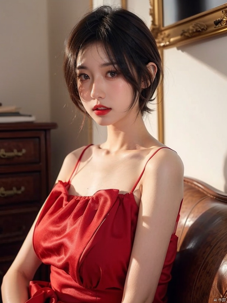 1, 1girl, short hair, brown hair, solo, dress, brown eyes, looking at viewer, holding, red dress, parted lips, bare shoulders, indoors, lips, upper body, sleeveless