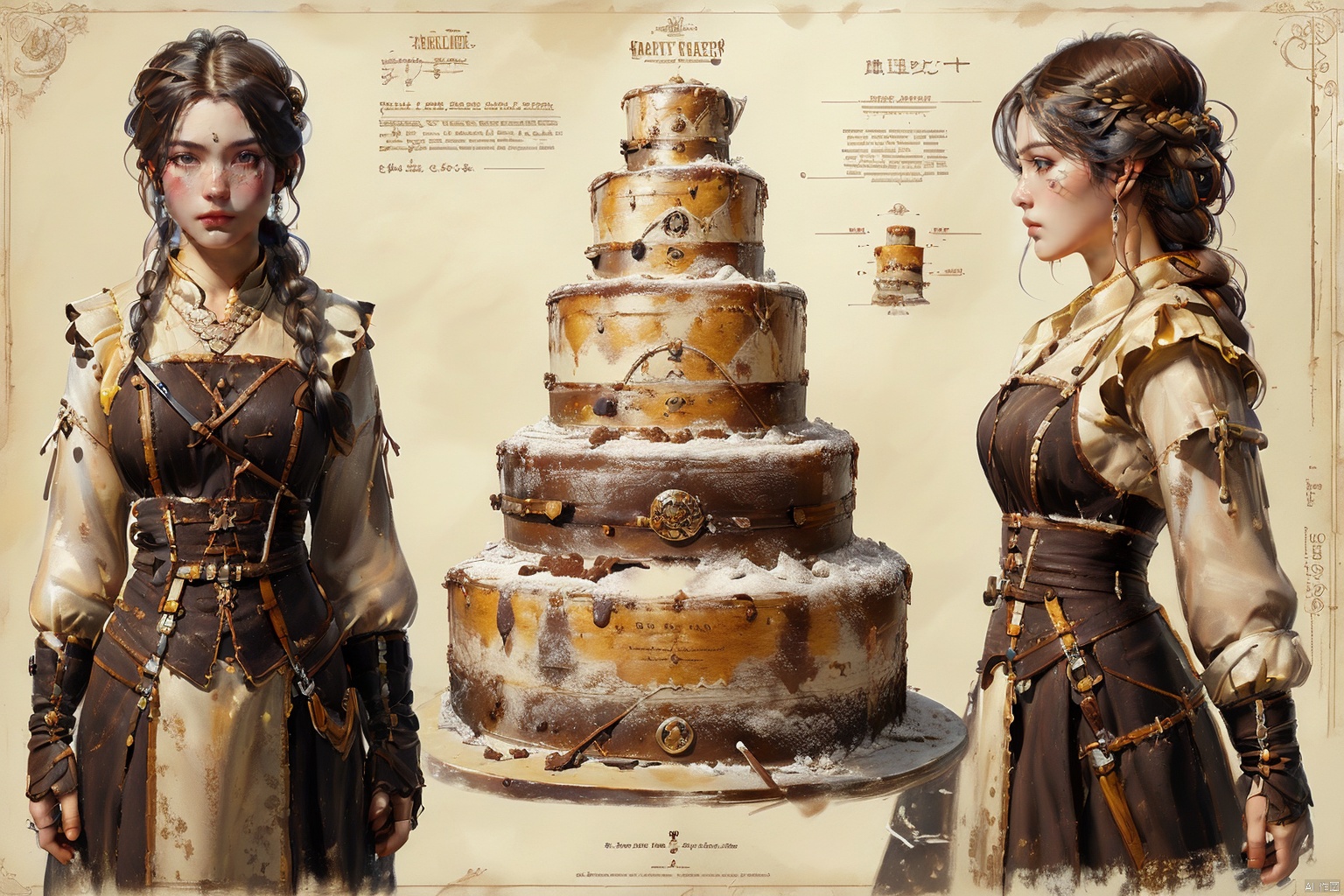 fenjie,cake, braid, text,concept art, multiple views, naiyou