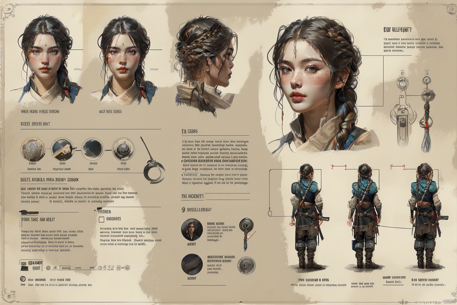 fenjie, mobile phone, braid, text,concept art, multiple views,