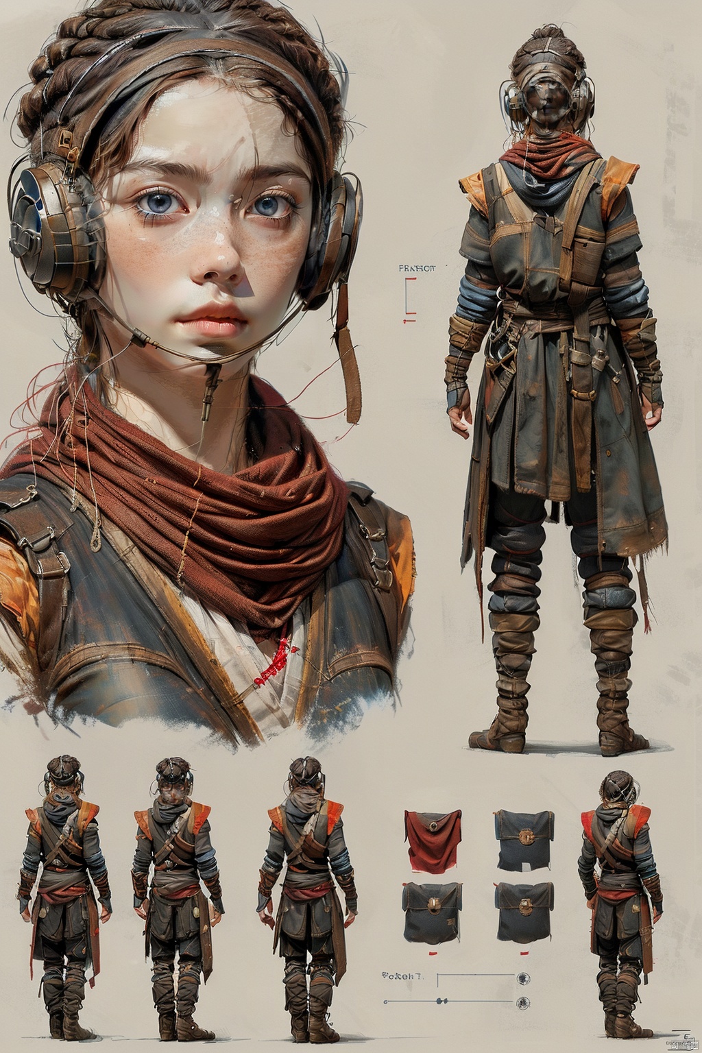 fenjie, 1girl, concept art, multiple views, blue eyes, scarf, freckles, reference sheet, red scarf, weapon, headset, realistic, looking at viewer, boots