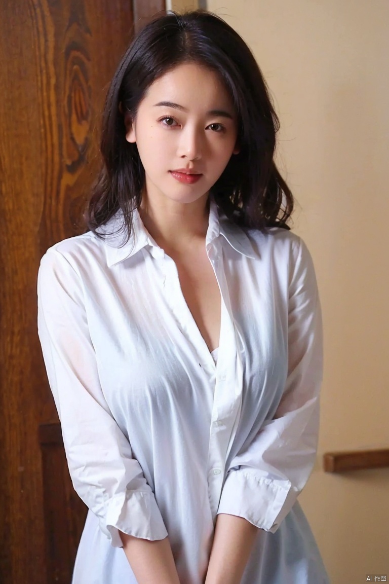  simple_background,best quality, masterpiece, ultra high res,1girl,huge breast,looking at viewer,best quality, masterpiece, ultra high res,1girl, big breast, looking at viewer,(curly hair:1.2),collared shirt,