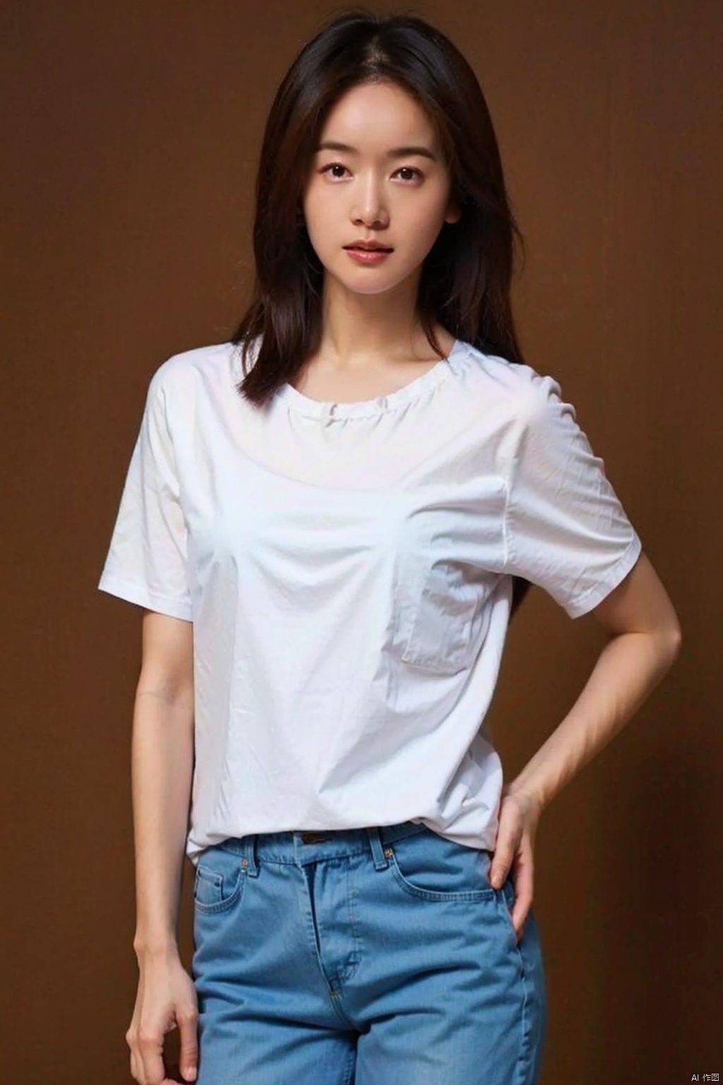  1girl, solo, brown hair, realistic, denim, pants, shirt, jeans, long hair, brown eyes, white shirt, simple background, looking at viewer, short sleeves, lips, t-shirt, cowboy shot, standing, blue pants, nose,
