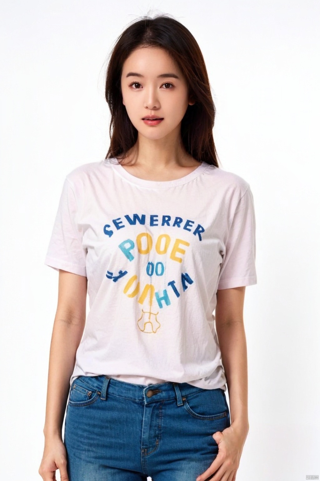  1girl, solo, brown hair, realistic, denim, pants, shirt, jeans, long hair, brown eyes, white shirt, simple background, looking at viewer, short sleeves, lips, t-shirt, cowboy shot, standing, blue pants, nose,
