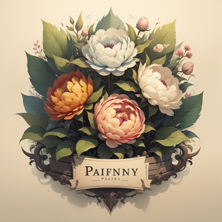 <lora:logo&icon1.5v2:1>,logo,icon,english text,flower,no humans,leaf,plant,simple background,white background,still life,Peony,