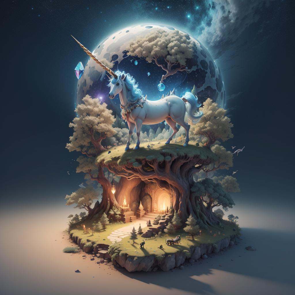 <lora:3D1.5v1:1>3D, single horn, no humans, unicorn, horns, night, solo, sky, night sky, gem, tree